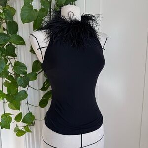 Vintage Bebe black halter tank with feather trim